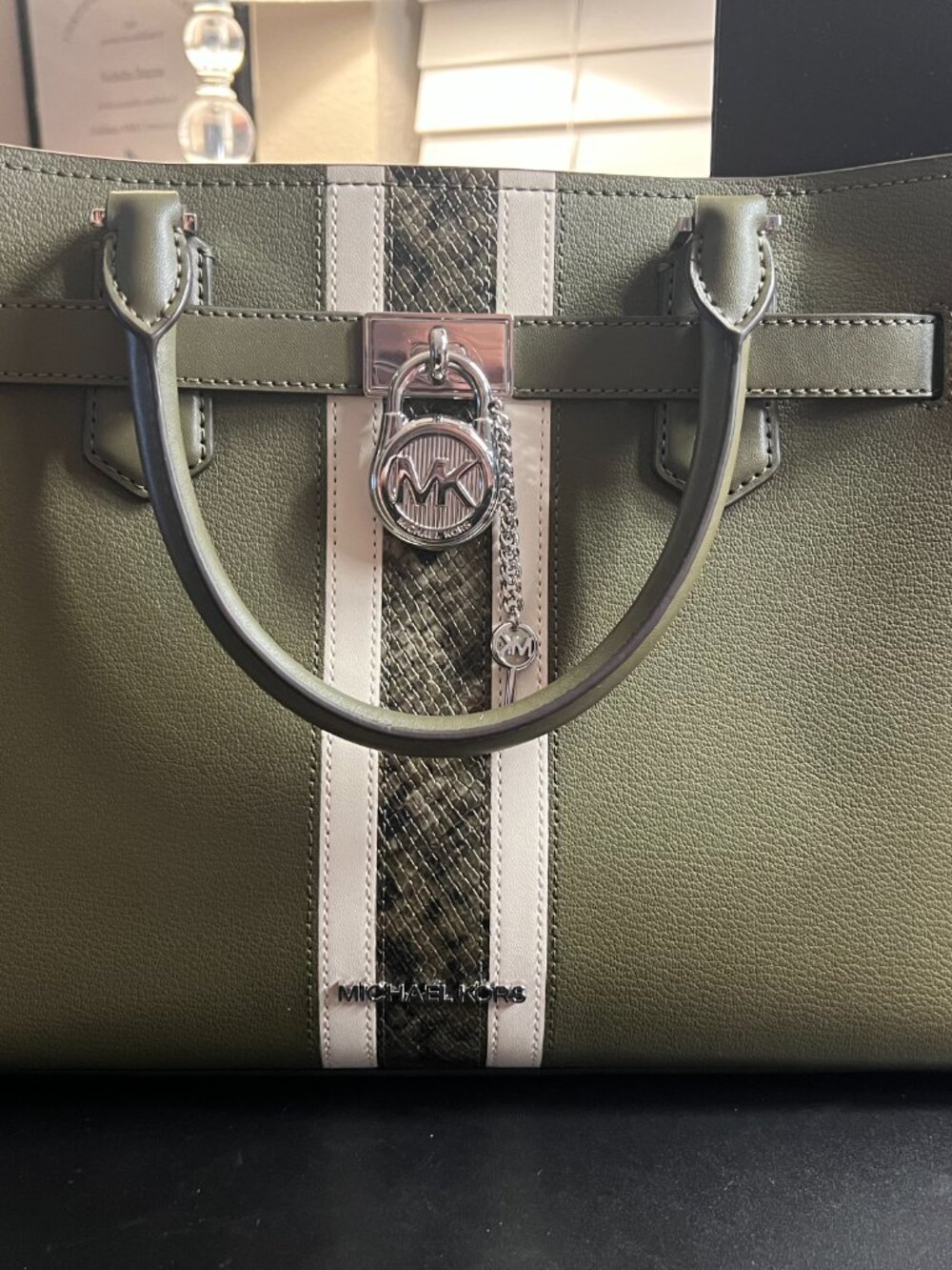 Michael Kors Olive Hamilton Medium Leather & Snake Embossed Stripe Satchel - Picture 4 of 7